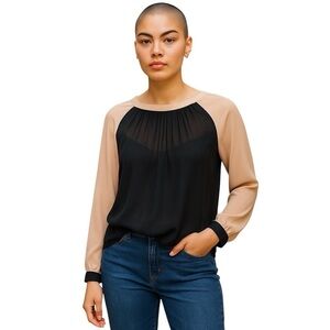 𝅺graham Spencer sheer Black Pink Blouse Baseball long sleeve Back buttons Sz M